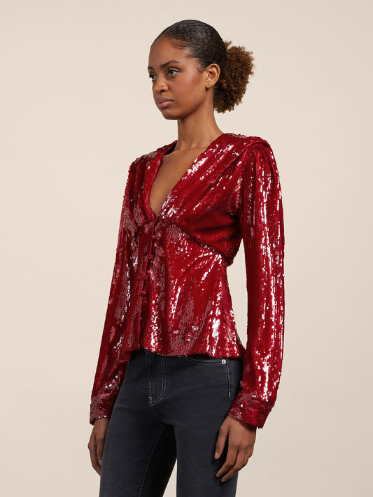 TOP WITH SEQUINE - CERISE - Check Active | Pence 1979