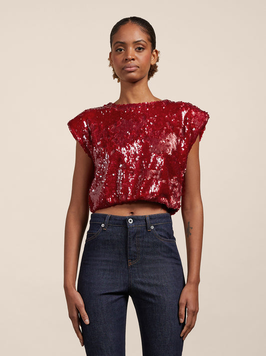 TOP WITH SEQUINE - CERISE - Check Active | Pence 1979