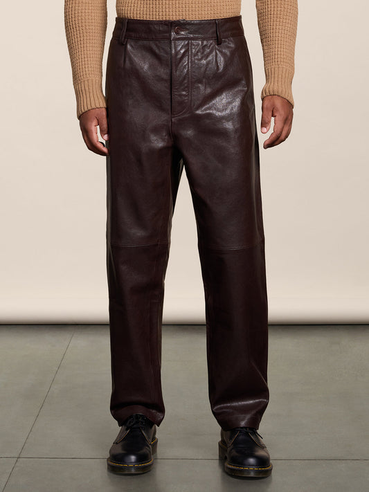 RELAXED FIT MAHOGANY LEATHER PANTS WITH WORKER DETAILS - MAHOGANY - Capi in Pelle Uomo | Pence 1979