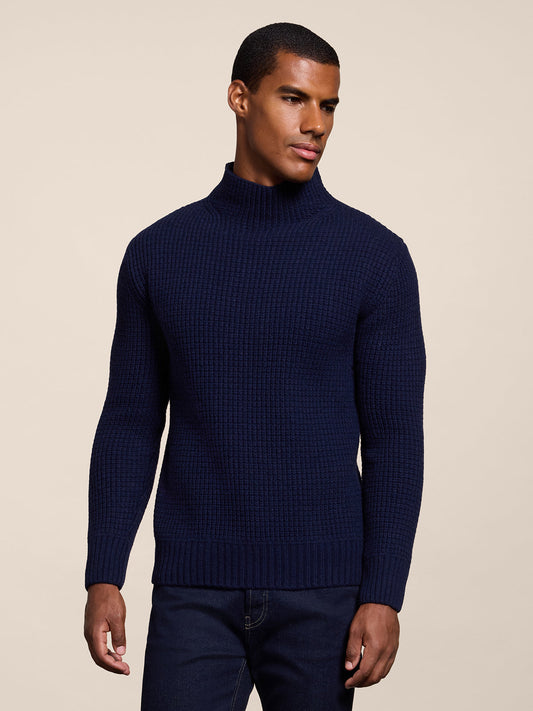 REGULAR FIT CRATER-NECKLINE PRUSSIAN BLU WOOL SWEATER IN CORN STITCH - PRUSSIAN BLUE - Check Active | Pence 1979