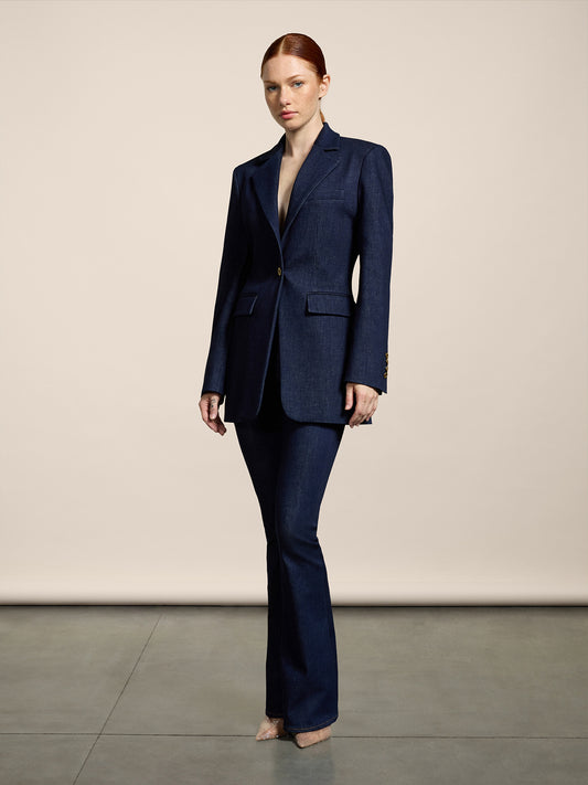 WOMEN'S 5 POCKET FLARED PANT IN DENIM BLUE COMFORT - DARK DENIM BLUE  - promo code | Pence 1979