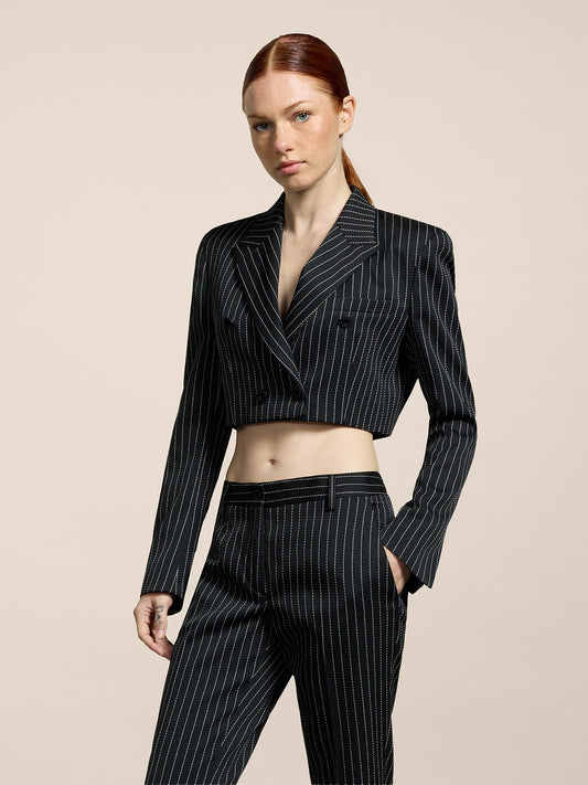 WOMEN'S DOUBLE-BREASTED BLAZER WITH PEAKED LAPELS PINSTRIPE BLACK BASE STRIPES - BLACK/WHITE PINSTRIPE - promo code | Pence 1979