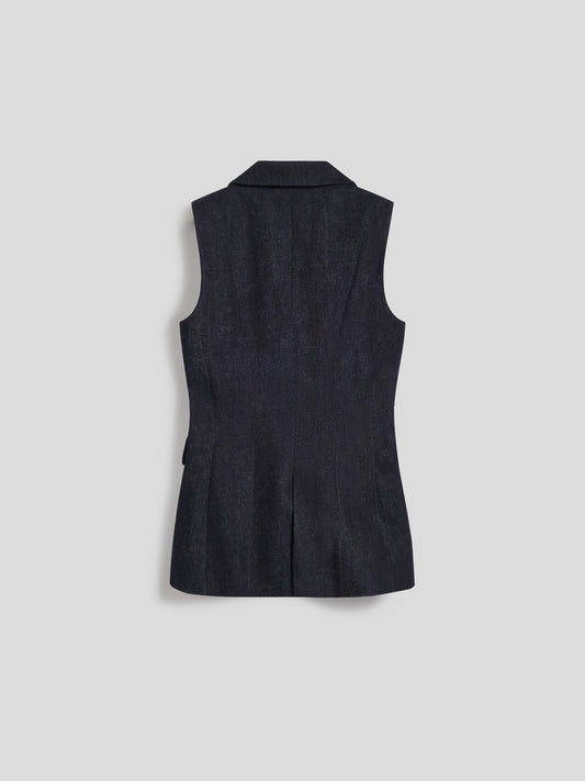 SLEEVELESS TUXEDO JACKET IN DARK BLUE STRETCH DENIM WITH SATIN DETAILS - NIGHT BLUE - promo code | Pence 1979