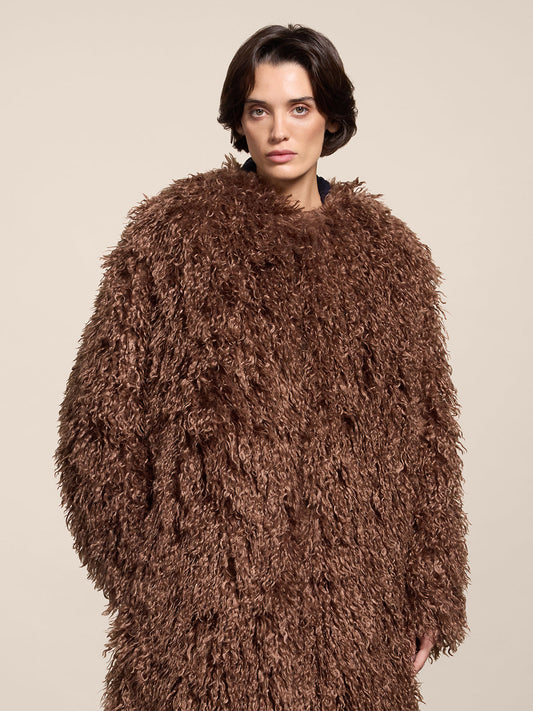REGULAR FIT WOOD FAUX FUR ROUND NECK LINED COAT - WOOD - Check Active | Pence 1979