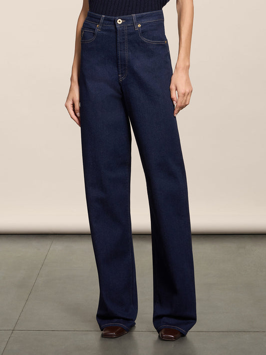 HIGH RISE WIDE LEG FIVE POCKETS OCEAN DENIM PANTS - OCEAN - Check Active | Pence 1979