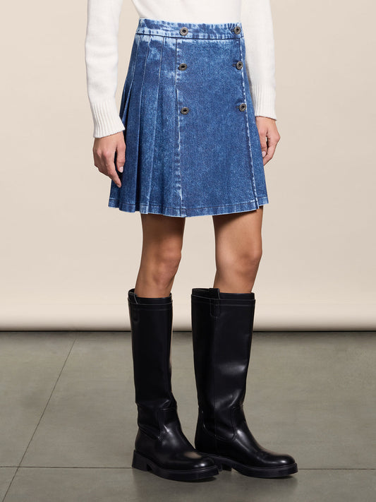 REGULAR FIT MARBLE BLUE DENIM MINI SKIRT WITH BUTTONS AND PLEATED SIDE - MARBLE BLUE - Check Active | Pence 1979