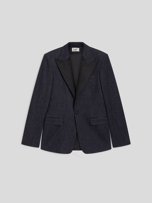 DARK BLUE COMFORT DENIM TUXEDO JACKET WITH SATIN DETAILS - NIGHT BLUE  - Check Active | Pence 1979
