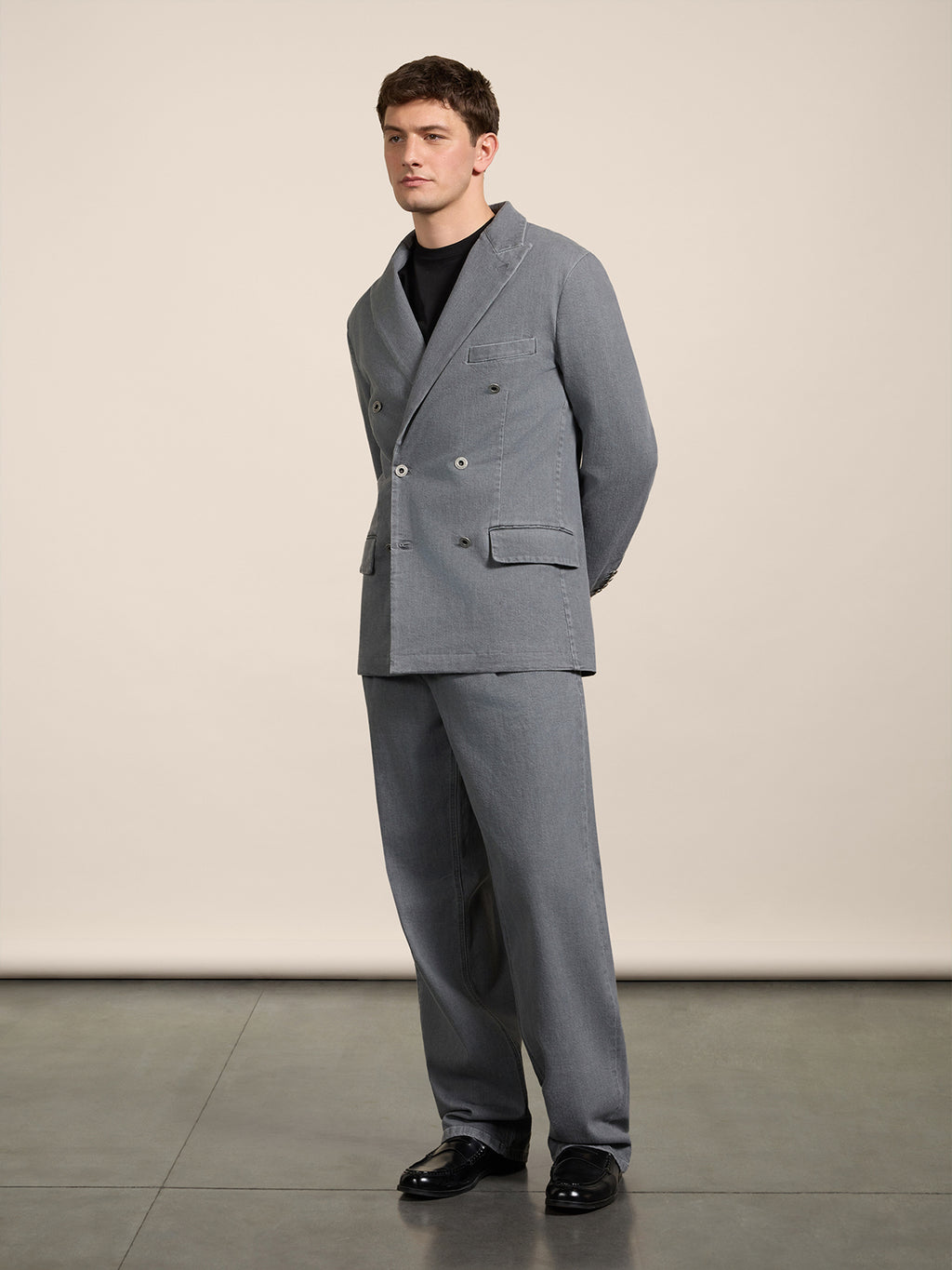 REGULAR-FIT DOUBLE-BREASTED JACKET IN GREY COMFORT DENIM - LONDON GREY - Check Active | Pence 1979