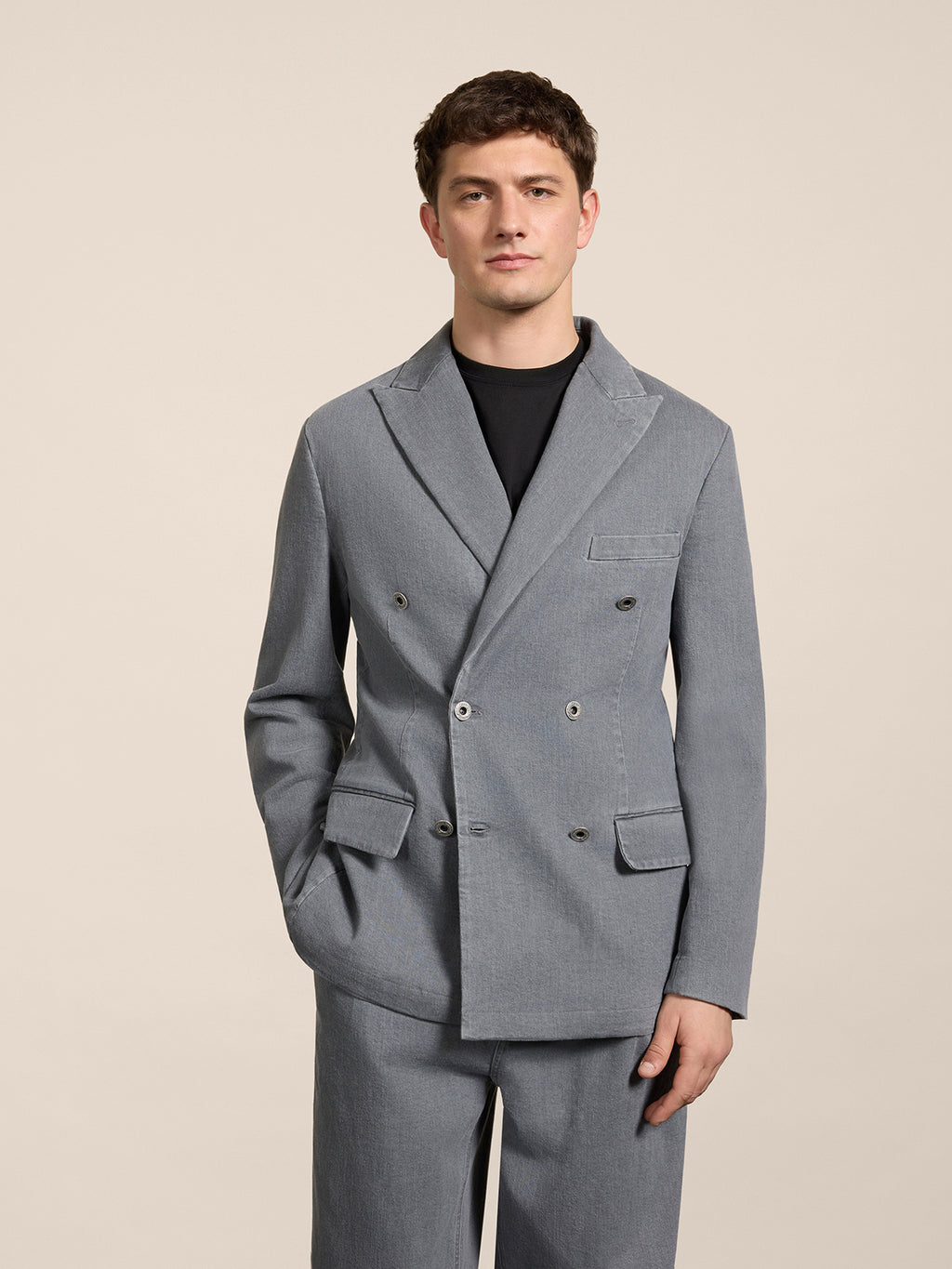 REGULAR-FIT DOUBLE-BREASTED JACKET IN GREY COMFORT DENIM - LONDON GREY - Check Active | Pence 1979