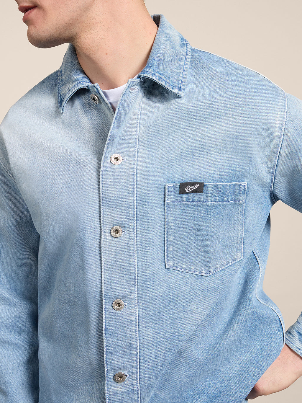 REGULAR-FIT OVERSHIRT IN LIGHT BLUE COMFORT DENIM WITH POCKET - LIGHT BLUE - Check Active | Pence 1979