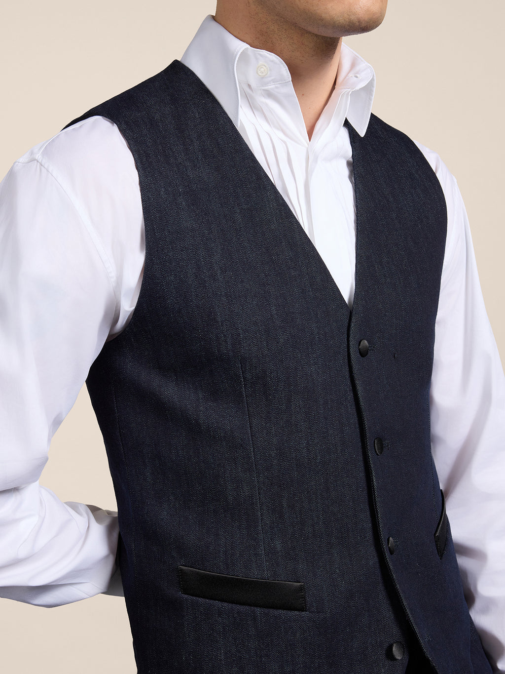 TUXEDO REGULAR FIT VEST IN DARK BLUE COMFORT DENIM - NIGHT BLUE - Men′s Clothing  | Pence 1979