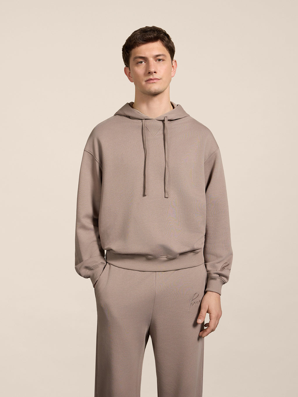 REGULAR-FIT SWEATSHIRT IN TAUPE COTTON WITH HOOD AND EMBROIDERY - TAUPE - Men′s Clothing  | Pence 1979