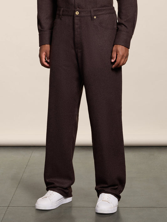 BAGGY FIT MARRON GLACE' FLANNEL FIVE POCKET PANTS - MARRON GLACE' - Check Active | Pence 1979