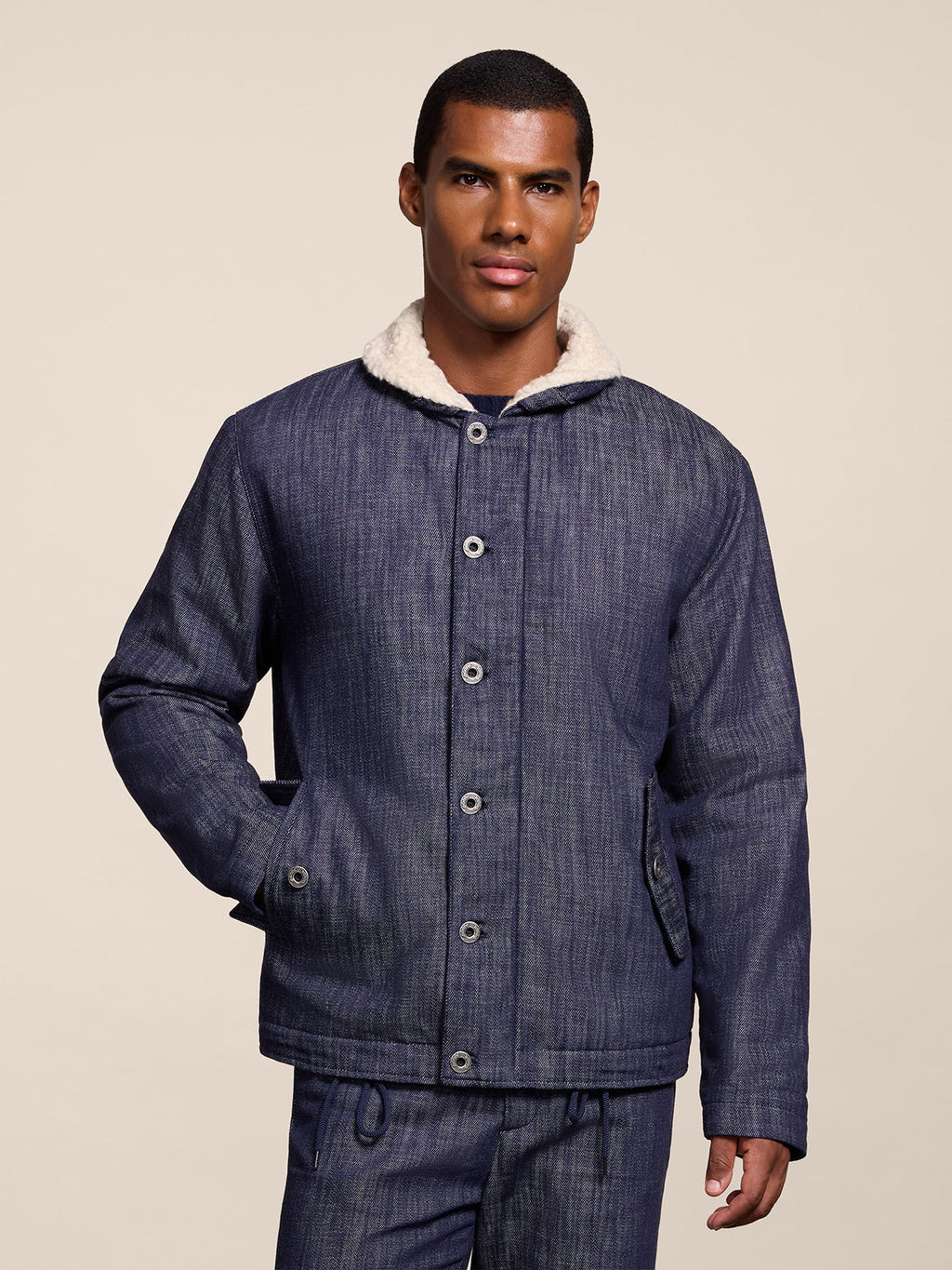 REGULAR FIT, LIGHTWEIGHT SPICY BLUE DENIM JACKET, WITH ADJUSTABLE HEM AND "TEDDY" LINING - SPICY BLUE - Check Active | Pence 1979