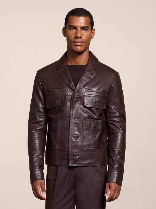 REGULAR FIT MAHOGANY LEATHER JACKET WITH LAPELS AND FOUR POCKETS - MAHOGANY - Capi in Pelle Uomo | Pence 1979