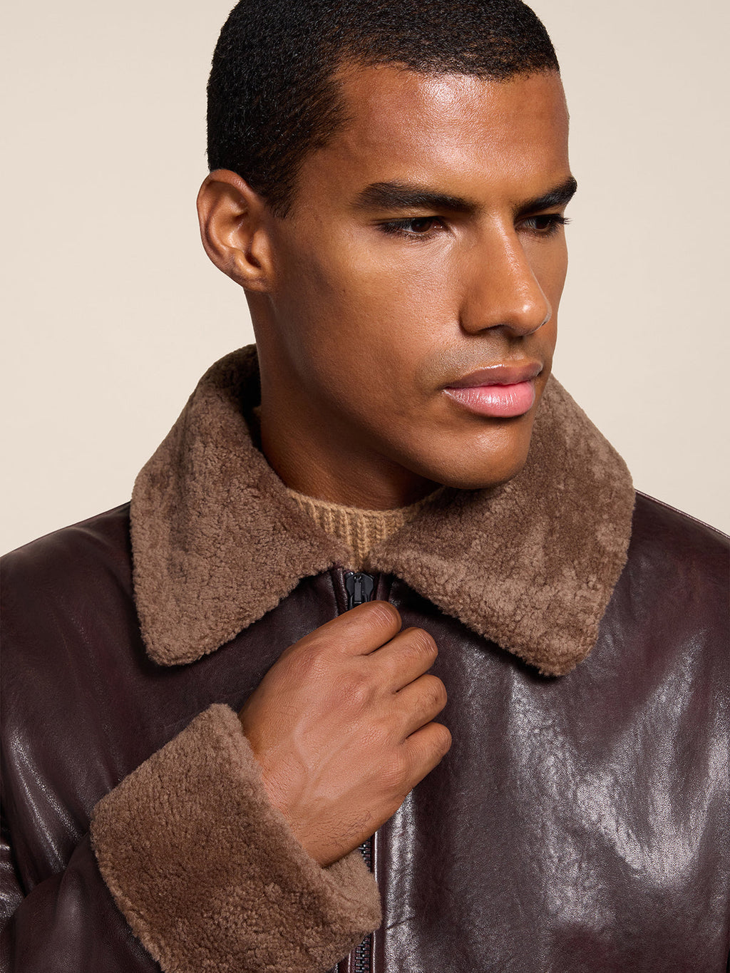 REGULAR FIT MAHOGANY SHEARLING JACKET WITH CENTRAL ZIP - MAHOGANY - Check Active | Pence 1979
