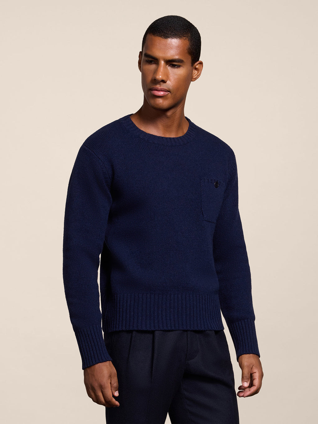 REGULAR FIT PRUSSIAN BLUE WOOL CREW-NECK SWEATER WITH BREAST POCKET - PRUSSIAN BLUE - Check Active | Pence 1979