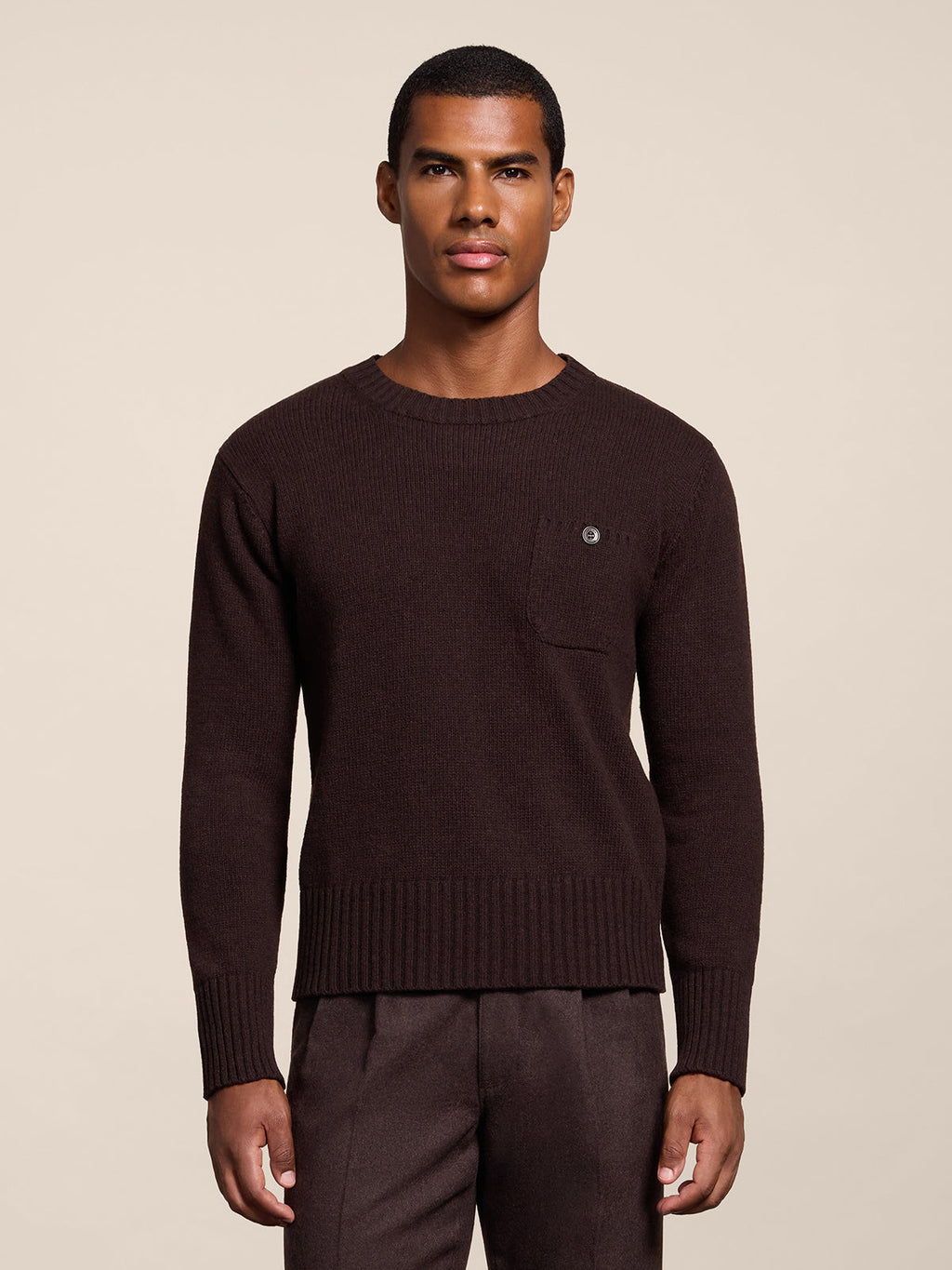 REGULAR FIT MAHOGANY WOOL CREW-NECK SWEATER WITH BREAST POCKET - MAHOGANY - Check Active | Pence 1979