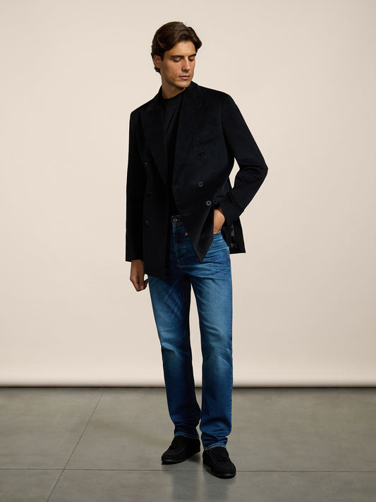 MEN'S 5 POCKET PANT IN MEDIUM BLUE COMFORT DENIM REGULAR FIT - MEDIUM DENIM BLUE  - Men′s Bottomwear | Pence 1979