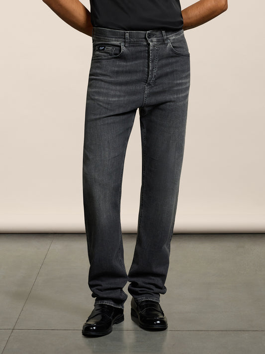 MEN'S 5 POCKET PANT IN BLACKBOARD BLACK COMFORT DENIM LOOSE FIT  - LAVA GREY DENIM - Men′s Bottomwear | Pence 1979