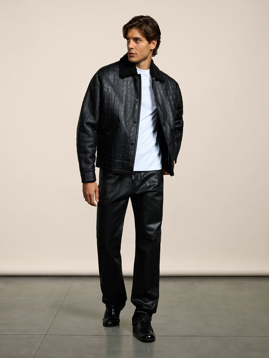 MEN'S 5 POCKET LOOSE FIT PANT IN DENIM WITH METALLIC COATING BLACK - BLACK - Men′s Bottomwear | Pence 1979