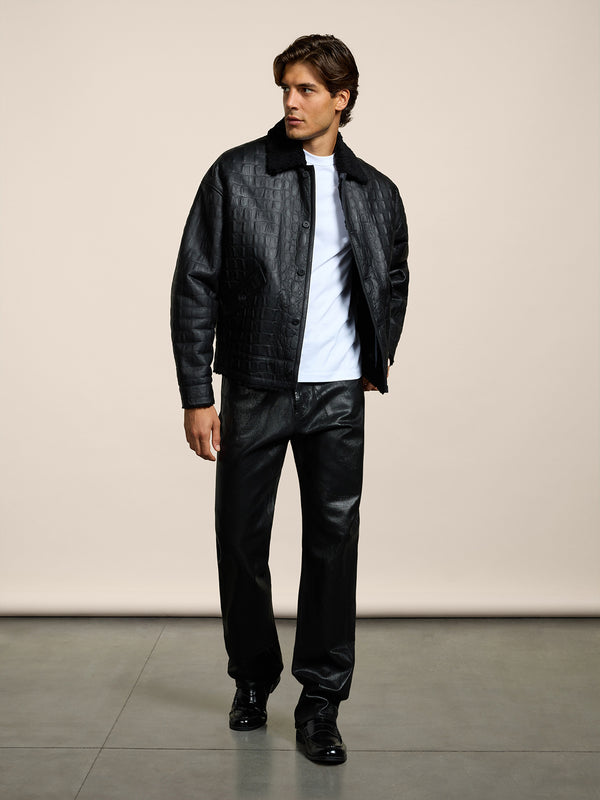 MEN'S 5 POCKET LOOSE FIT PANT IN DENIM WITH METALLIC COATING BLACK - BLACK - Men′s Bottomwear | Pence 1979