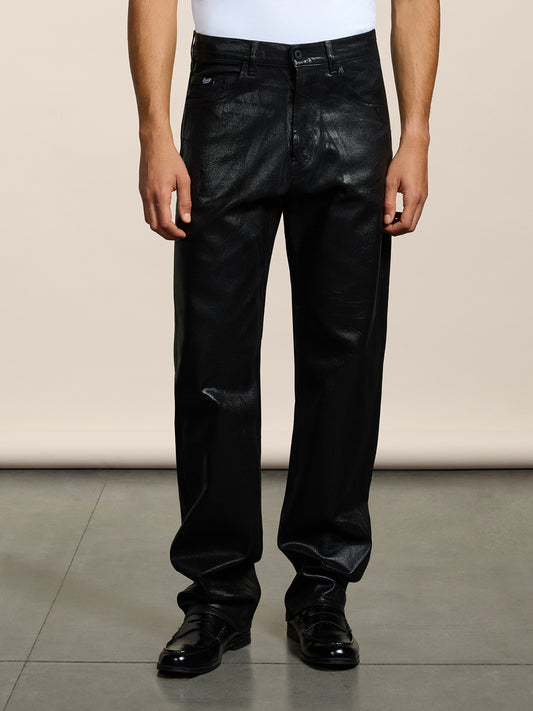 MEN'S 5 POCKET LOOSE FIT PANT IN DENIM WITH METALLIC COATING BLACK - BLACK - Men′s Bottomwear | Pence 1979