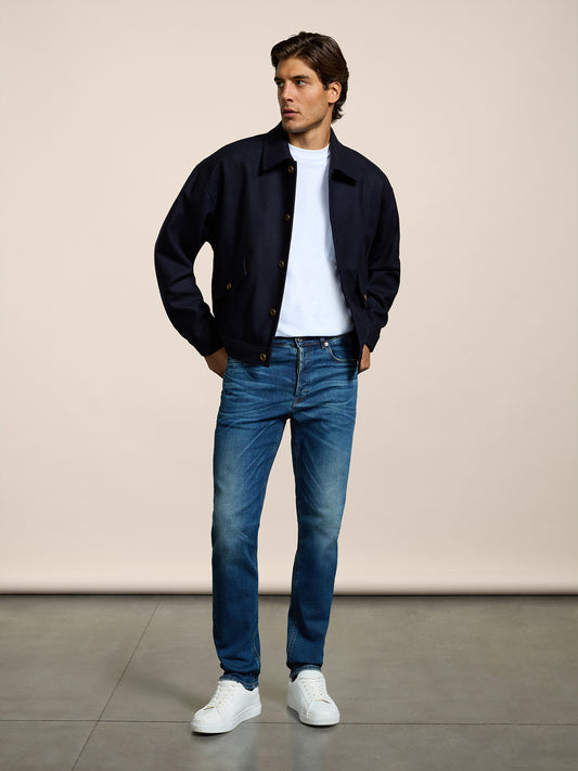 MEN'S 5 POCKET PANT IN MEDIUM BLUE COMFORT DENIM SLIM FIT - MEDIUM DENIM BLUE  - Men′s Bottomwear | Pence 1979