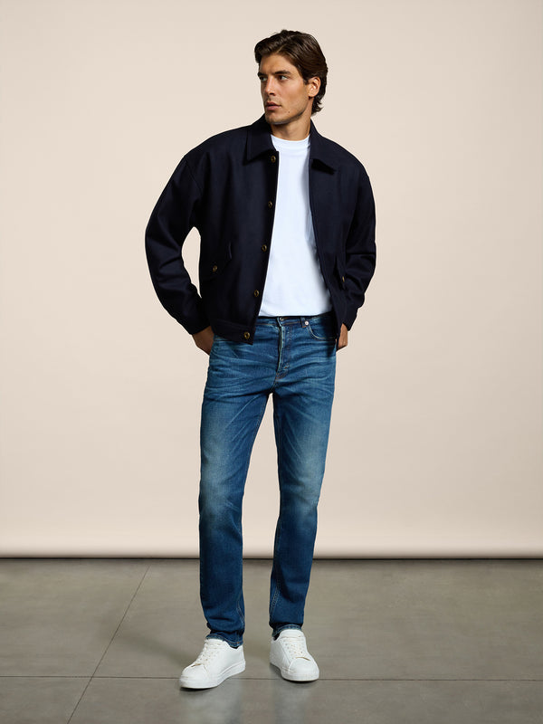 MEN'S 5 POCKET PANT IN MEDIUM BLUE COMFORT DENIM SLIM FIT - MEDIUM DENIM BLUE  - Men′s Bottomwear | Pence 1979