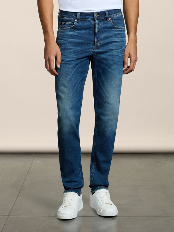 MEN'S 5 POCKET PANT IN MEDIUM BLUE COMFORT DENIM SLIM FIT - MEDIUM DENIM BLUE  - Men′s Bottomwear | Pence 1979