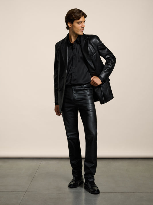 MEN'S 5 POCKET SLIM FIT PANT IN LAMB LEATHER BLACK - BLACK - Men′s Bottomwear | Pence 1979