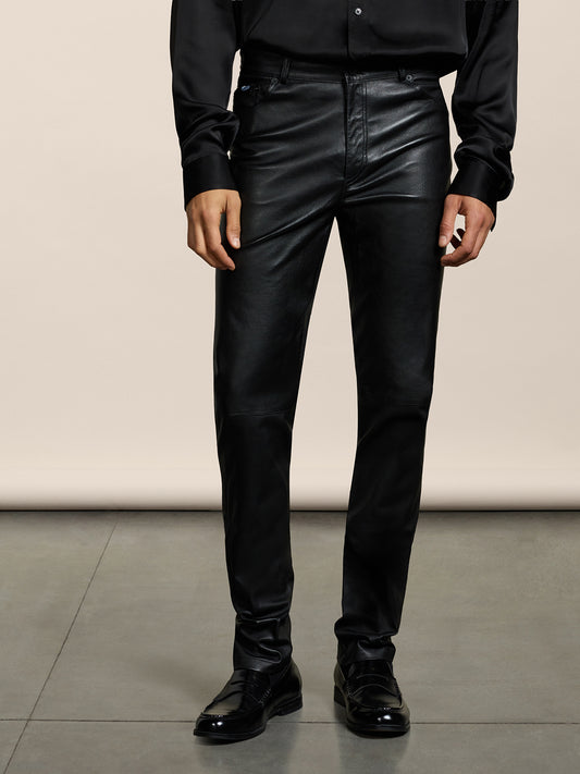 MEN'S 5 POCKET SLIM FIT PANT IN LAMB LEATHER BLACK - BLACK - Men′s Bottomwear | Pence 1979