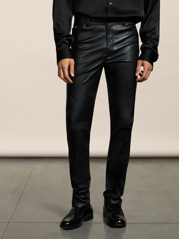 MEN'S 5 POCKET SLIM FIT PANT IN LAMB LEATHER BLACK - BLACK - Men′s Bottomwear | Pence 1979