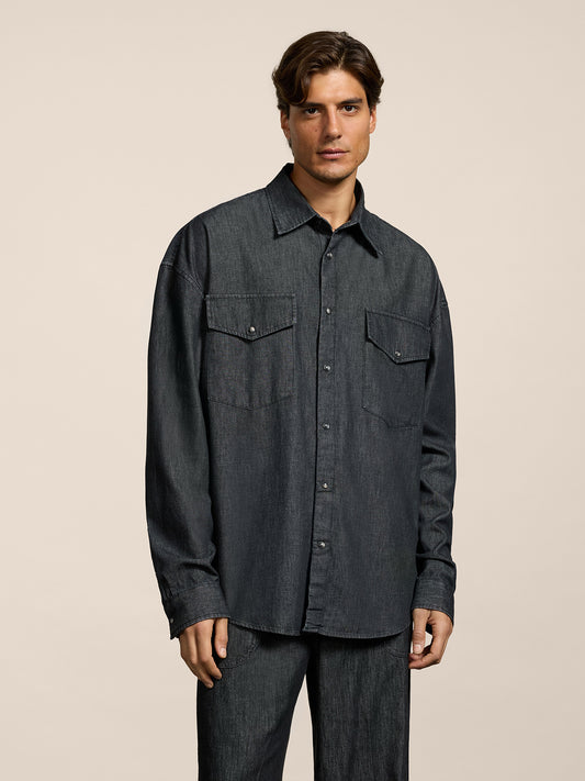 MEN'S SHIRT OVER FIT WITH FLAP POCKETS LONG SLEEVES BLACK - BLACK - Men′s Clothing  | Pence 1979