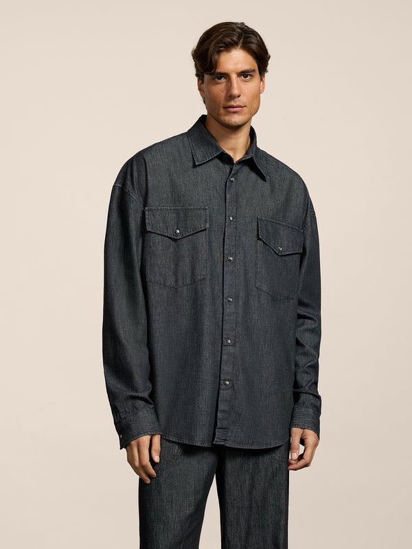 MEN'S SHIRT OVER FIT WITH FLAP POCKETS LONG SLEEVES BLACK - BLACK - Men′s Clothing  | Pence 1979