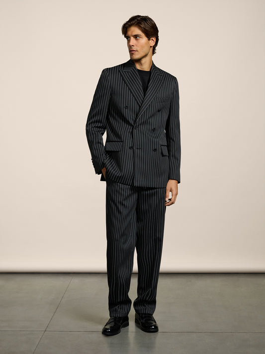 MEN'S DOUBLE-BREASTED BLAZER WITH PEAKED LAPLES REGULAR FIT IN PINSTRIPE BLACK BASE WHITE STRIPES - BLACK/WHITE PINSTRIPE - Men′s Blazers | Pence 1979