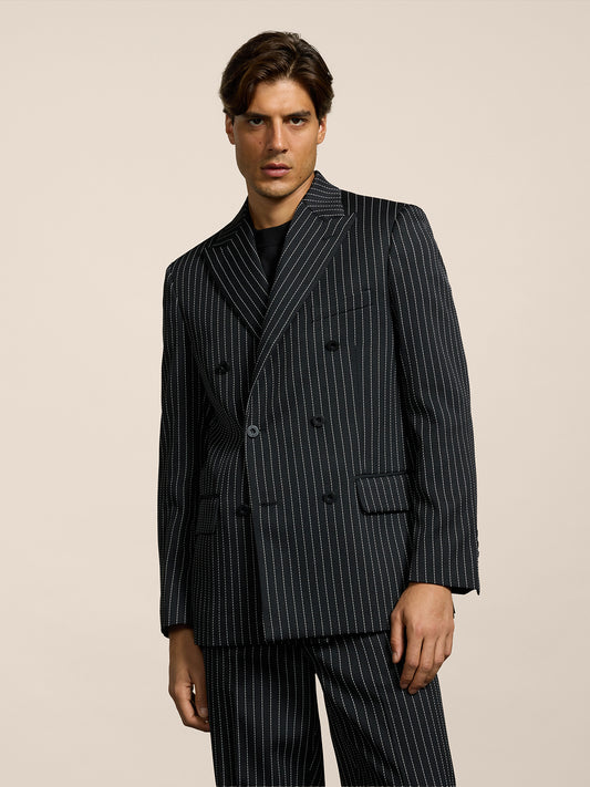 MEN'S DOUBLE-BREASTED BLAZER WITH PEAKED LAPLES REGULAR FIT IN PINSTRIPE BLACK BASE WHITE STRIPES - BLACK/WHITE PINSTRIPE - Men′s Blazers | Pence 1979