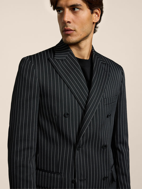 MEN'S DOUBLE-BREASTED BLAZER WITH PEAKED LAPLES REGULAR FIT IN PINSTRIPE BLACK BASE WHITE STRIPES - BLACK/WHITE PINSTRIPE - Men′s Blazers | Pence 1979