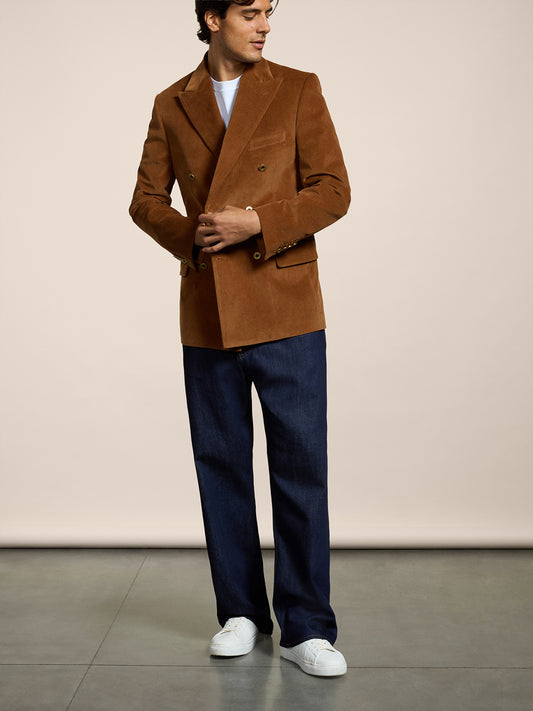 MEN'S DOUBLE-BREASTED BLAZER WITH PEAKED LAPELS REGULAR FIT IN VELVET DARK CARAMEL - DARK CARAMEL - Men′s Blazers | Pence 1979