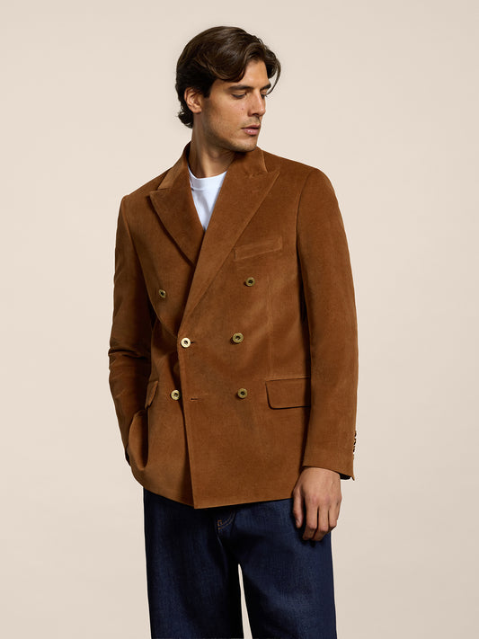 MEN'S DOUBLE-BREASTED BLAZER WITH PEAKED LAPELS REGULAR FIT IN VELVET DARK CARAMEL - DARK CARAMEL - Men′s Blazers | Pence 1979