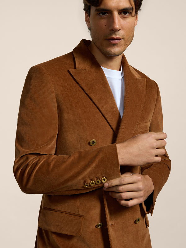 MEN'S DOUBLE-BREASTED BLAZER WITH PEAKED LAPELS REGULAR FIT IN VELVET DARK CARAMEL - DARK CARAMEL - Men′s Blazers | Pence 1979