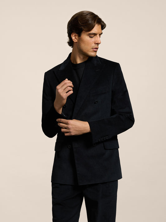 MEN'S DOUBLE-BREASTED BLAZER WITH PEAKED LAPELS REGULAR FIT IN VELVET BLACK - BLACK - Men′s Blazers | Pence 1979
