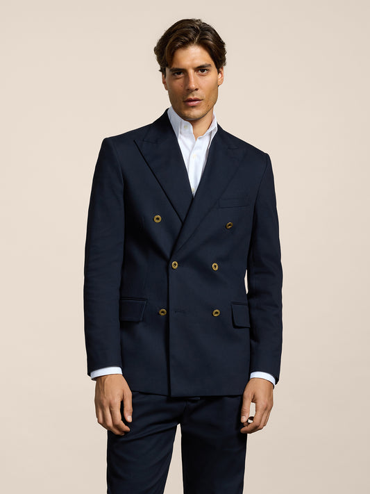 MEN'S DOUBLE-BREASTED BLAZER WITH PEAKED LAPELS REGULAR FIT IN COTTON SATIN BLUE - BLUE - Men′s Blazers | Pence 1979