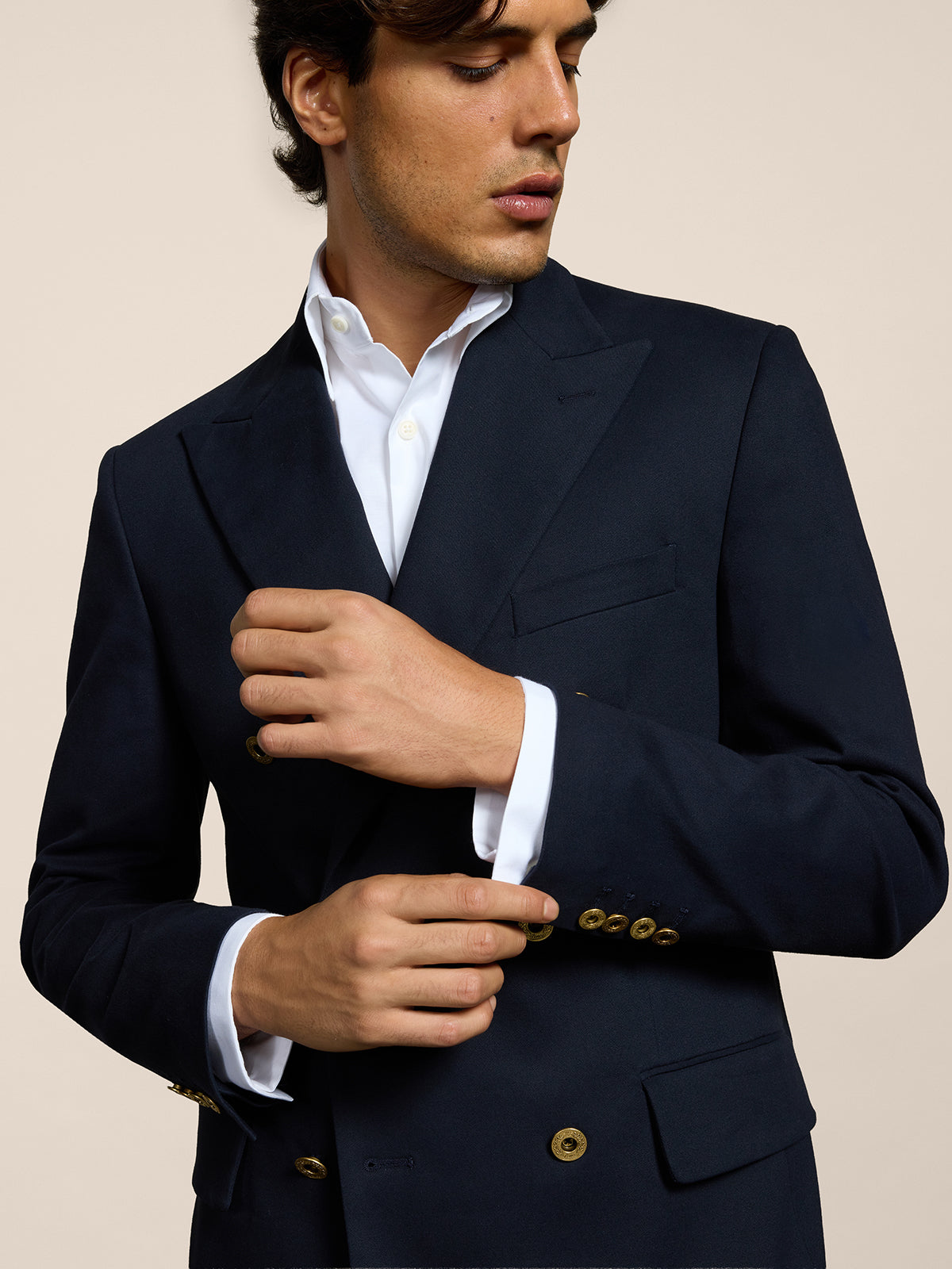 MEN'S DOUBLE-BREASTED BLAZER WITH PEAKED LAPELS REGULAR FIT IN COTTON SATIN BLUE