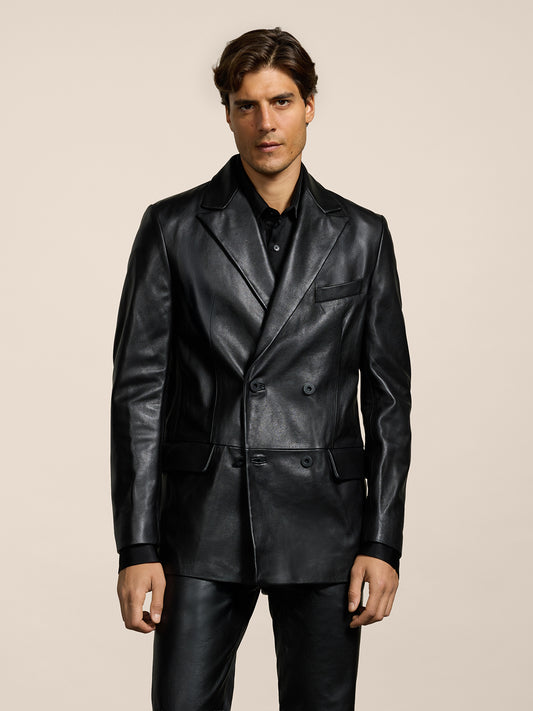 MEN'S DOUBLE-BREASTED BLAZER WITH PEAKED LAPELS REGULAR FIT IN LAMB LEATHER BLACK - BLACK - Men′s Blazers | Pence 1979