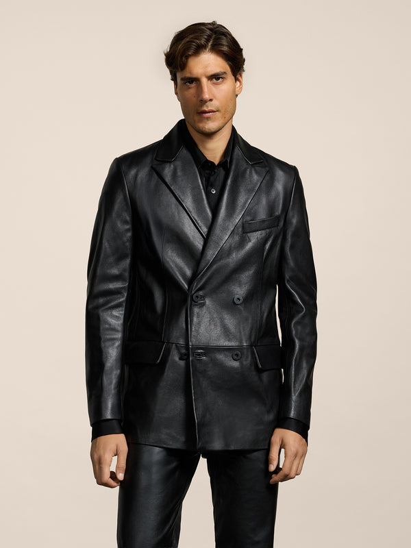 MEN'S DOUBLE-BREASTED BLAZER WITH PEAKED LAPELS REGULAR FIT IN LAMB LEATHER BLACK - BLACK - Men′s Blazers | Pence 1979