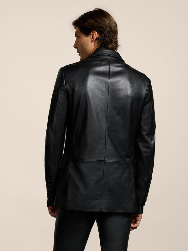 MEN'S DOUBLE-BREASTED BLAZER WITH PEAKED LAPELS REGULAR FIT IN LAMB LEATHER BLACK - BLACK - Men′s Blazers | Pence 1979