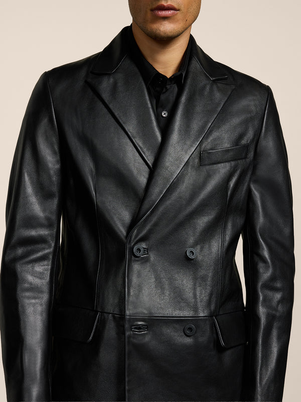 MEN'S DOUBLE-BREASTED BLAZER WITH PEAKED LAPELS REGULAR FIT IN LAMB LEATHER BLACK - BLACK - Men′s Blazers | Pence 1979