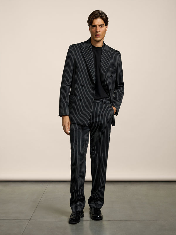 MEN'S REGULAR FIT CHINOS IN PINSTRIPE BLACK BASE WHITE STRIPES - BLACK/WHITE PINSTRIPE - Men′s Bottomwear | Pence 1979