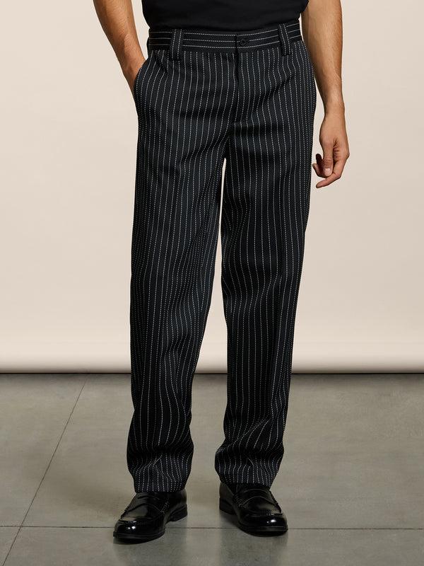 MEN'S REGULAR FIT CHINOS IN PINSTRIPE BLACK BASE WHITE STRIPES - BLACK/WHITE PINSTRIPE - Men′s Bottomwear | Pence 1979